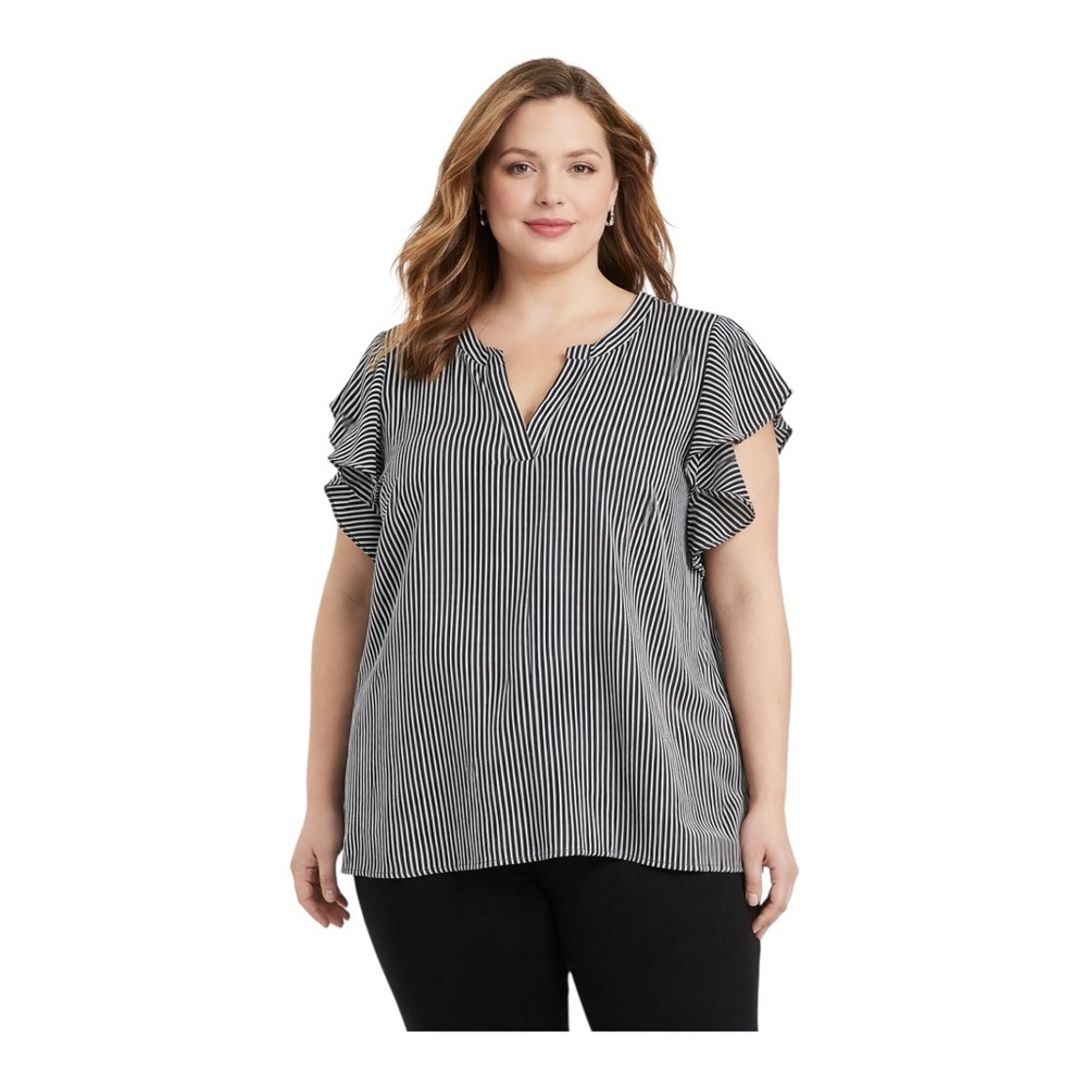 Adrianna Papell Striped Flutter Sleeve Blouse 2X Black White V-Neck